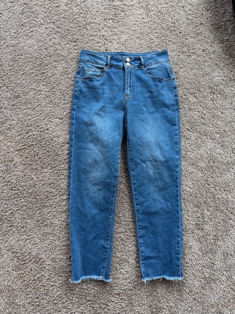 High-Rise Blue Women's Jeans with Raw Hem